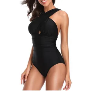 Sexy Black Criss Cross Halter One-Piece Plus Size Swimsuit