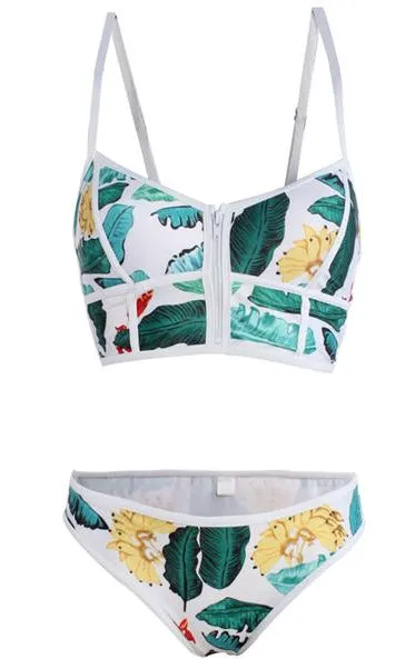 Sexy Floral Biquini Thong Zipper High Neck Swim Suit