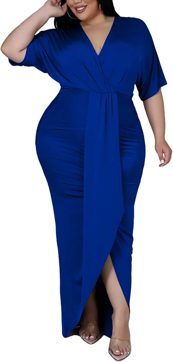 Sexy Plus Size Maxi Dress for Curvy Women V Neck Short Sleeve Wedding Guest Dress Party Dress