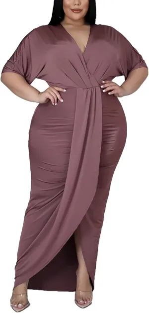 Sexy Plus Size Maxi Dress for Curvy Women V Neck Short Sleeve Wedding Guest Dress Party Dress
