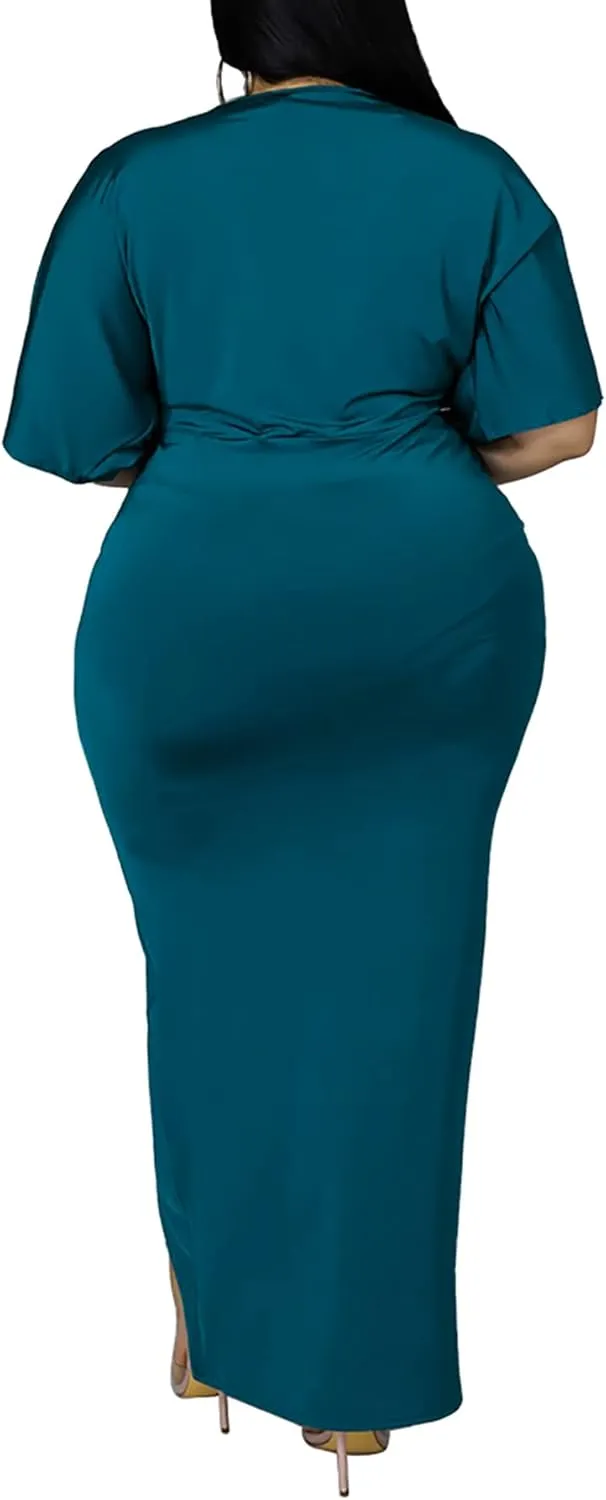 Sexy Plus Size Maxi Dress for Curvy Women V Neck Short Sleeve Wedding Guest Dress Party Dress