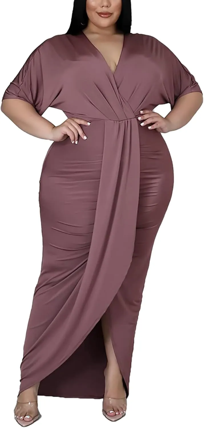 Sexy Plus Size Maxi Dress for Curvy Women V Neck Short Sleeve Wedding Guest Dress Party Dress