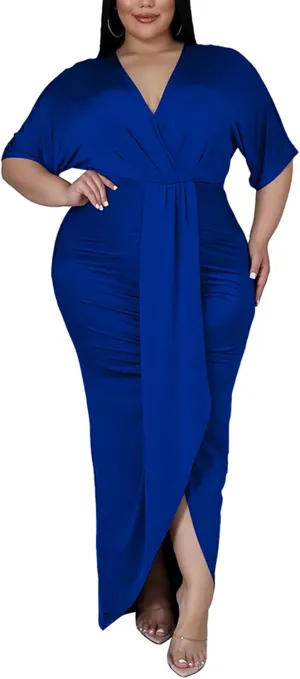 Sexy Plus Size Maxi Dress for Curvy Women V Neck Short Sleeve Wedding Guest Dress Party Dress
