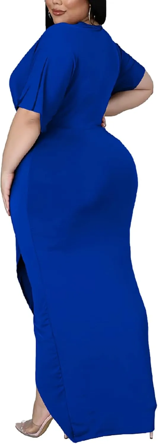 Sexy Plus Size Maxi Dress for Curvy Women V Neck Short Sleeve Wedding Guest Dress Party Dress