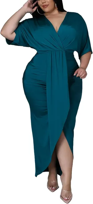 Sexy Plus Size Maxi Dress for Curvy Women V Neck Short Sleeve Wedding Guest Dress Party Dress