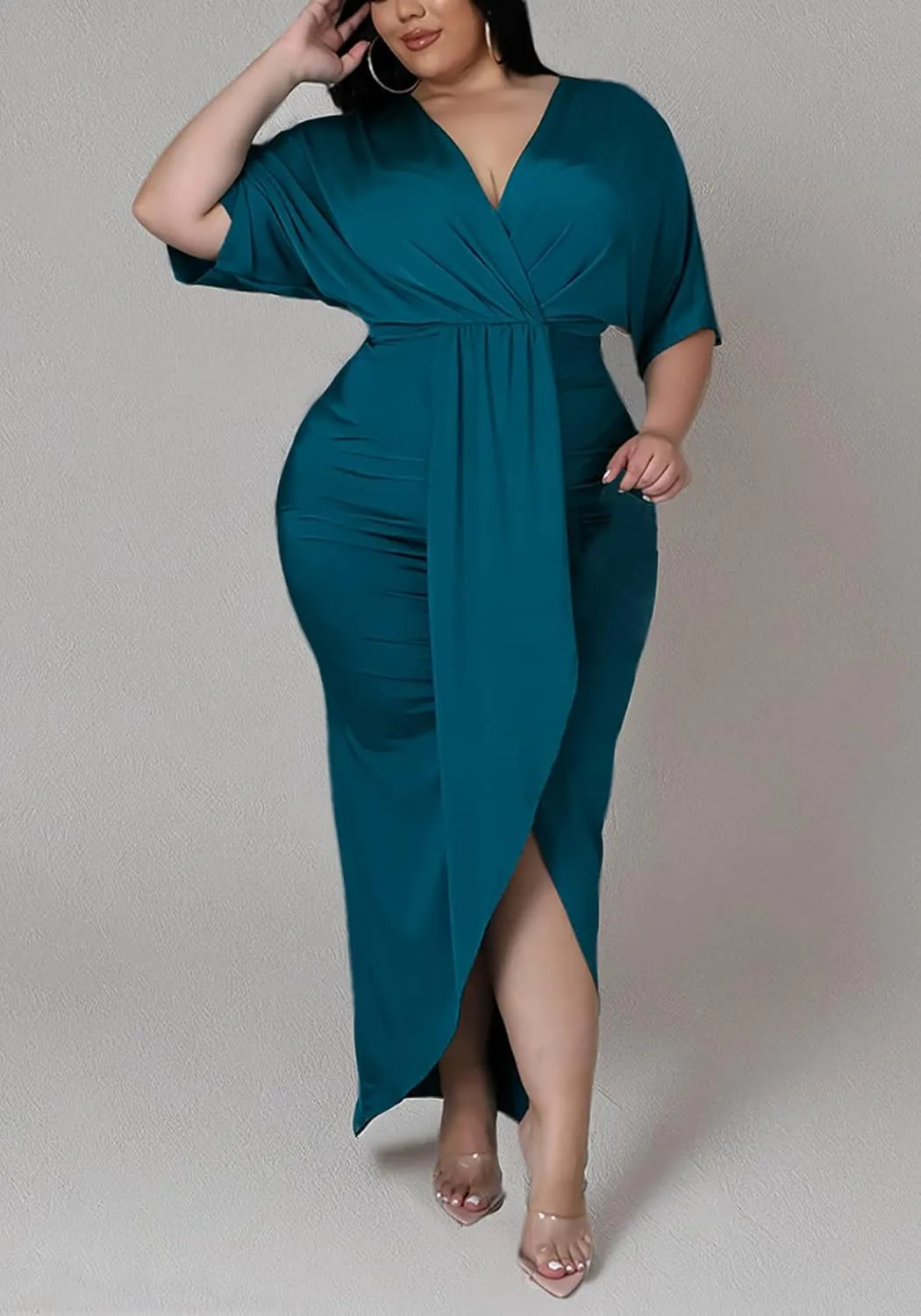Sexy Plus Size Maxi Dress for Curvy Women V Neck Short Sleeve Wedding Guest Dress Party Dress