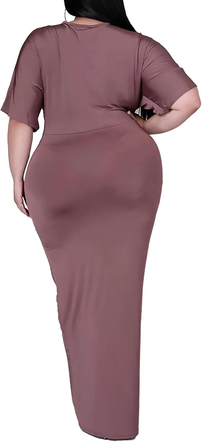 Sexy Plus Size Maxi Dress for Curvy Women V Neck Short Sleeve Wedding Guest Dress Party Dress