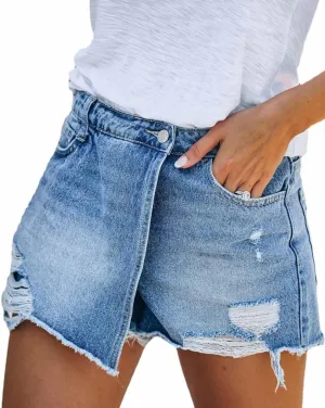 Sexyshine Women's Midi Waist Distressed Denim Shorts Ripped Cut Off Raw Hem Asymmetric Wrap Jeans Skorts