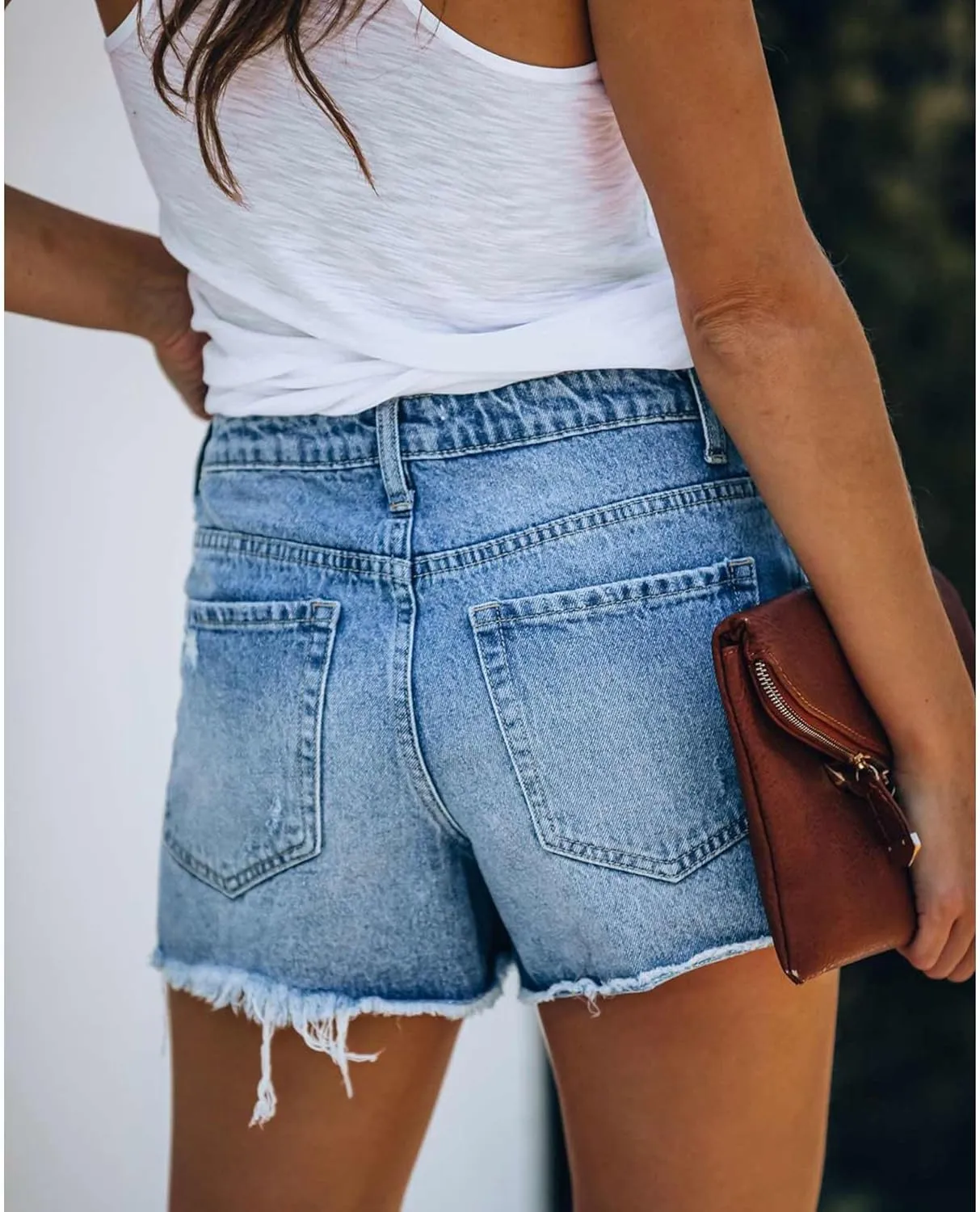 Sexyshine Women's Midi Waist Distressed Denim Shorts Ripped Cut Off Raw Hem Asymmetric Wrap Jeans Skorts