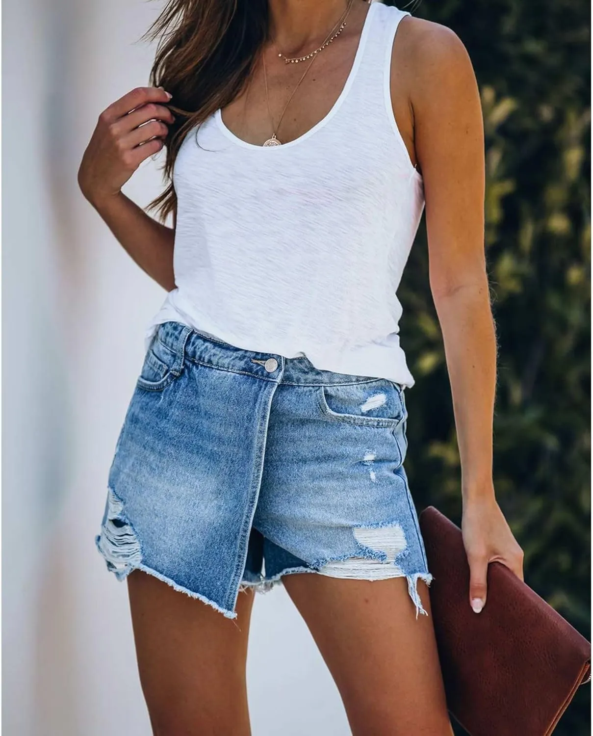 Sexyshine Women's Midi Waist Distressed Denim Shorts Ripped Cut Off Raw Hem Asymmetric Wrap Jeans Skorts
