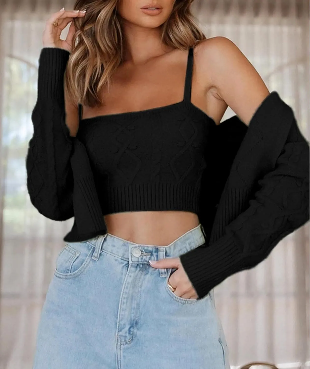 Sexyshine Women's Two Piece Outfits Cable Knitted Spaghetti Strap Crop Tank Top and Long Sleeve Cardigan Chic Sweaters Sets