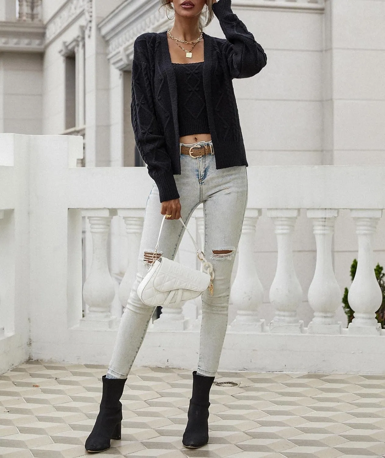 Sexyshine Women's Two Piece Outfits Cable Knitted Spaghetti Strap Crop Tank Top and Long Sleeve Cardigan Chic Sweaters Sets