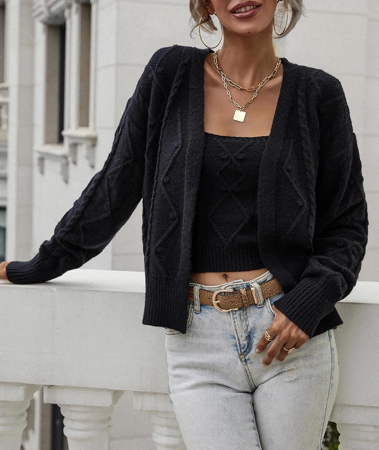 Sexyshine Women's Two Piece Outfits Cable Knitted Spaghetti Strap Crop Tank Top and Long Sleeve Cardigan Chic Sweaters Sets