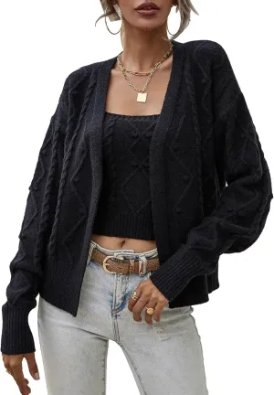 Sexyshine Women's Two Piece Outfits Cable Knitted Spaghetti Strap Crop Tank Top and Long Sleeve Cardigan Chic Sweaters Sets