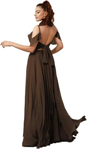 SHANDUAO Chiffon Cold Shoulder Bridesmaid Dress A Line Formal Evening Dress with Slit
