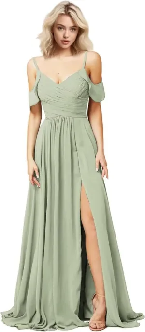 SHANDUAO Chiffon Cold Shoulder Bridesmaid Dress A Line Formal Evening Dress with Slit