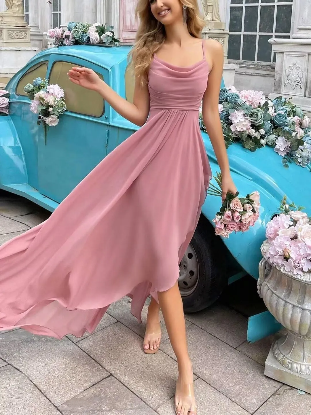 SHANDUAO Spaghetti Straps A-Line Bridemaid Dress Cowl Neck Chiffon Evening Prom Dress with Slit