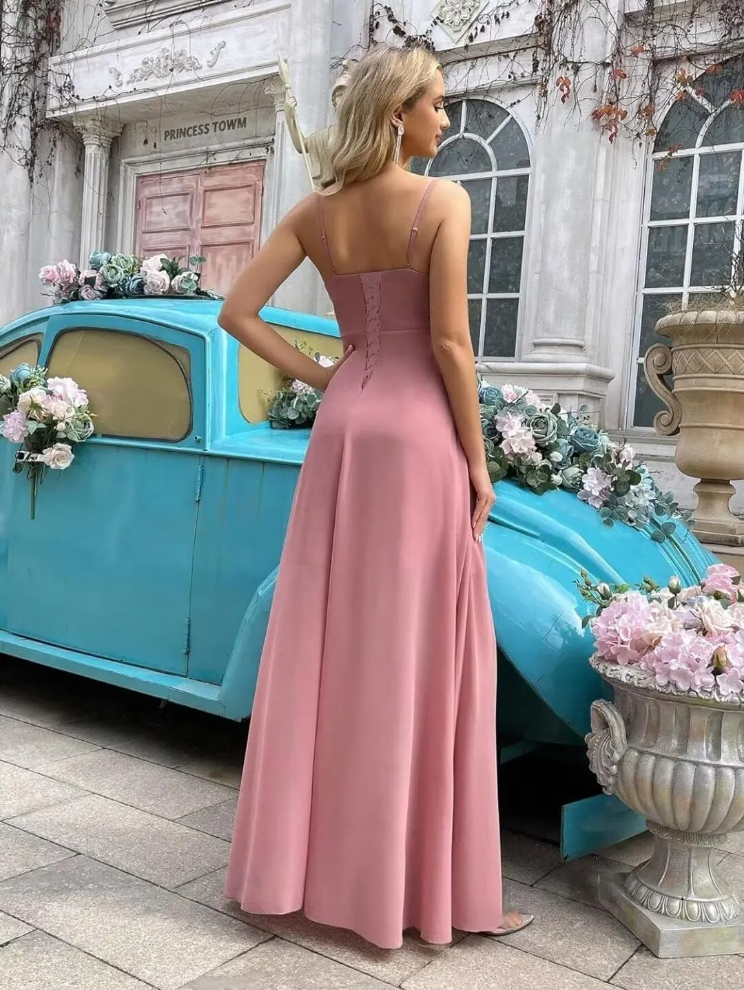 SHANDUAO Spaghetti Straps A-Line Bridemaid Dress Cowl Neck Chiffon Evening Prom Dress with Slit