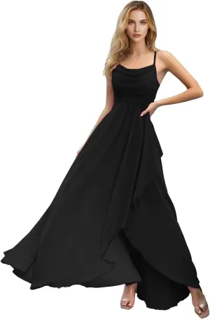 SHANDUAO Spaghetti Straps A-Line Bridemaid Dress Cowl Neck Chiffon Evening Prom Dress with Slit