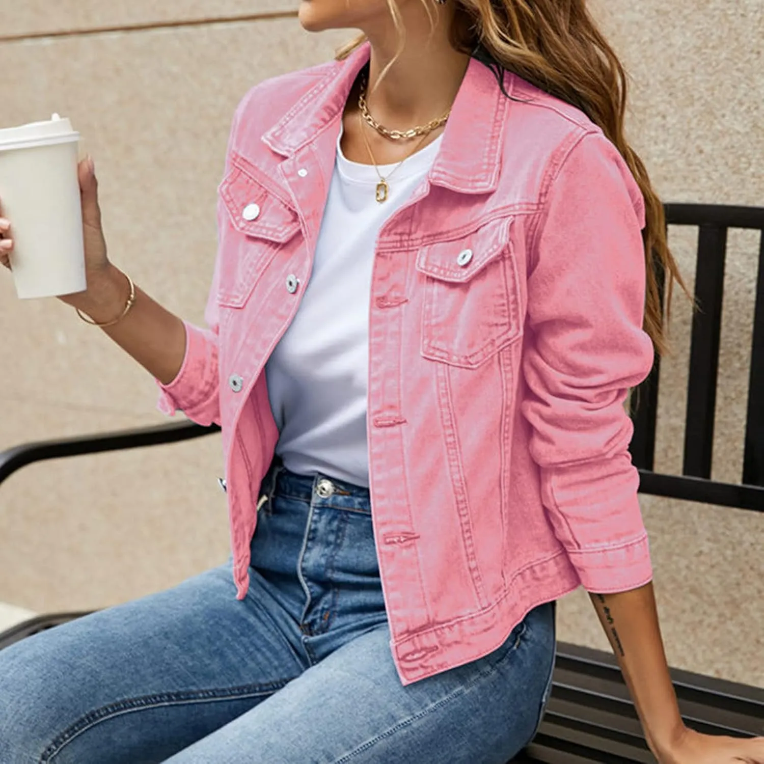 SHAOBGE Denim Duster Jacket for Women Women's Basic Solid Color Button Down Denim Cotton Jacket Stretch Jean Jackets for
