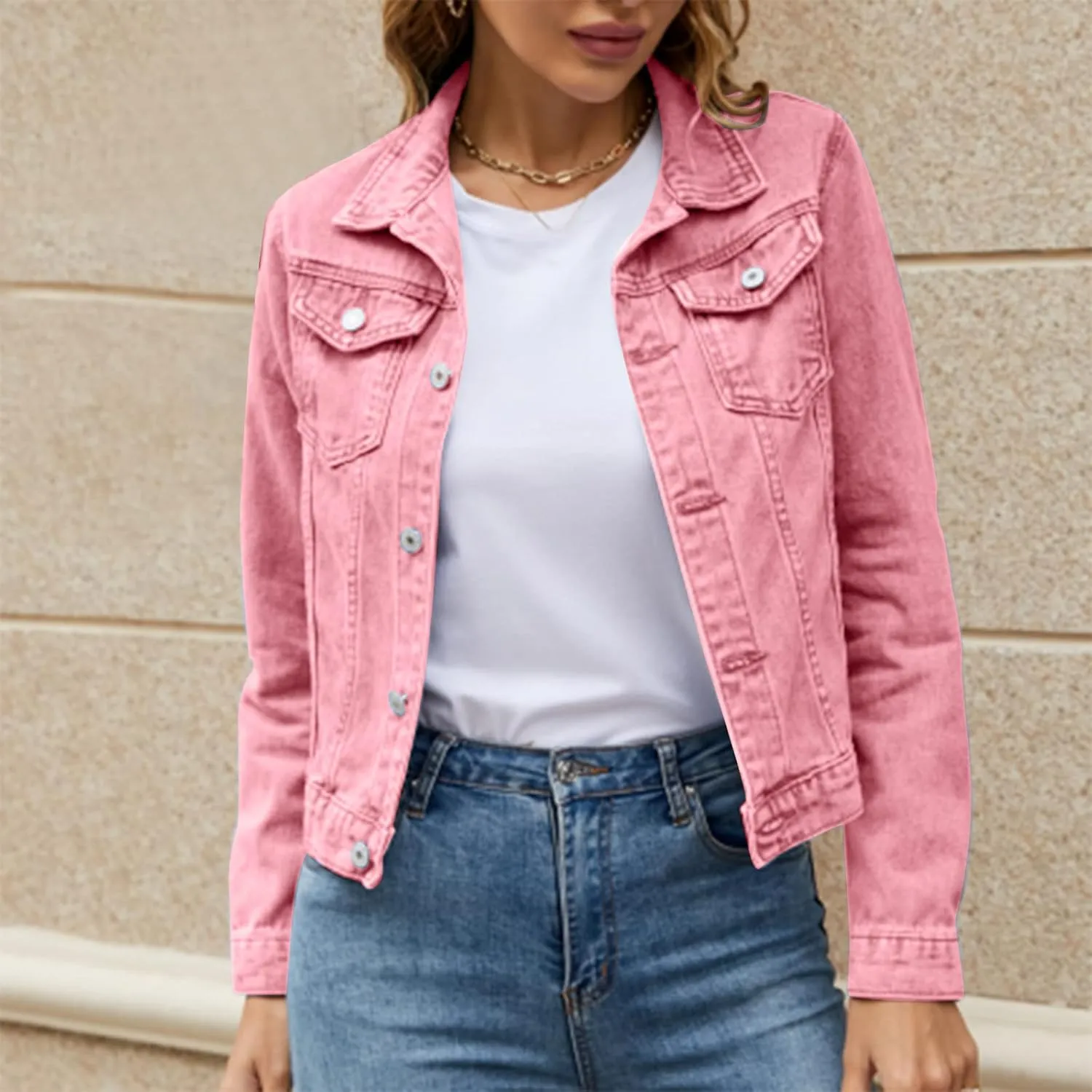 SHAOBGE Denim Duster Jacket for Women Women's Basic Solid Color Button Down Denim Cotton Jacket Stretch Jean Jackets for