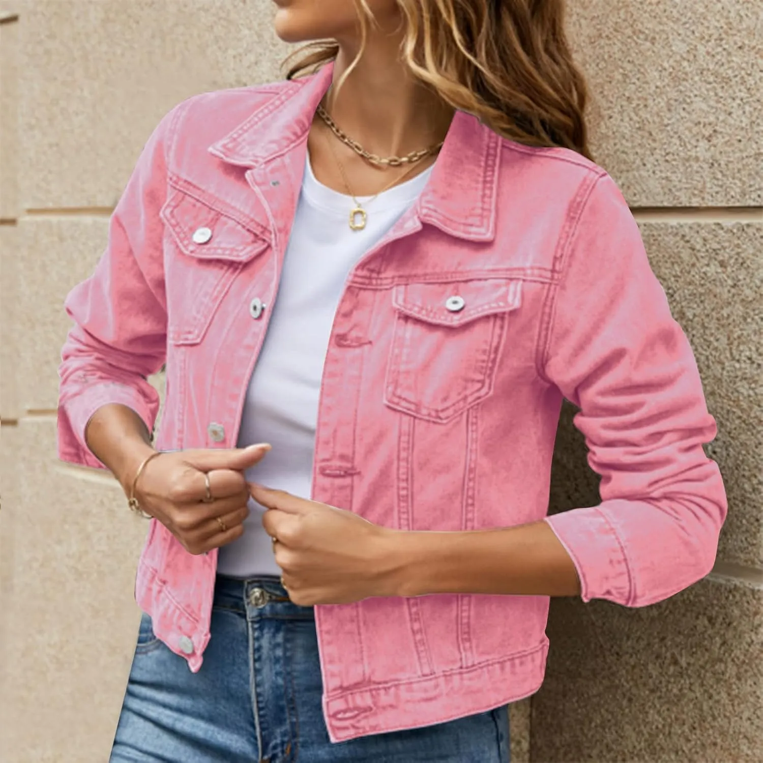 SHAOBGE Denim Duster Jacket for Women Women's Basic Solid Color Button Down Denim Cotton Jacket Stretch Jean Jackets for