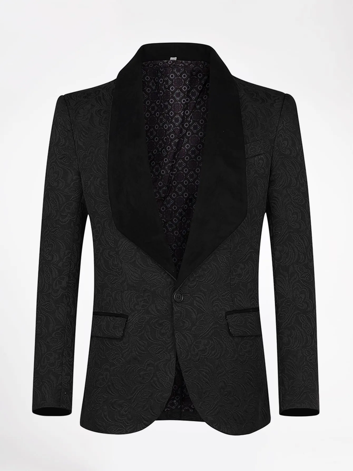 Shawl Collar Contrast Binding Single Button Jacquard Blazer