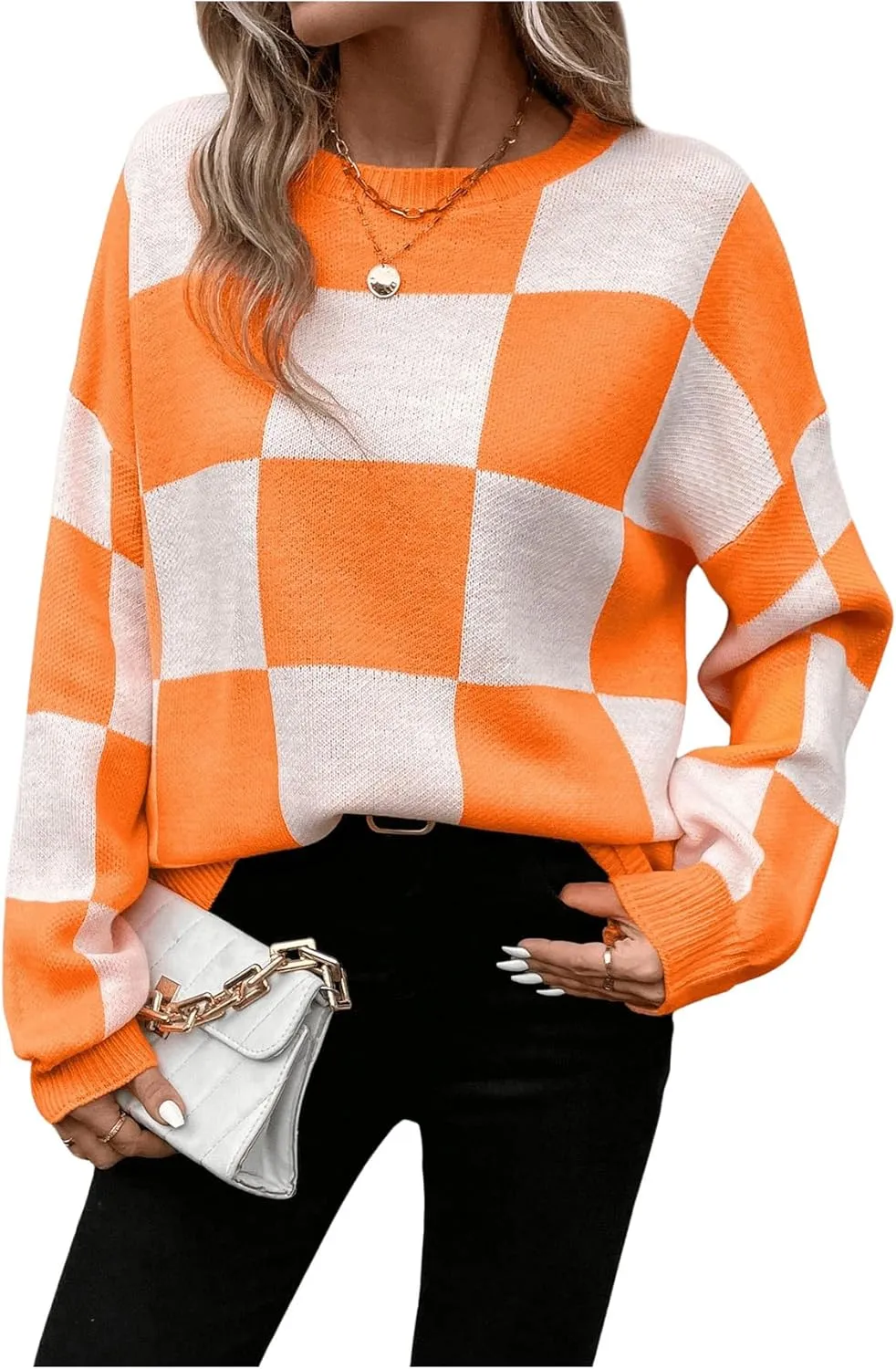 SHENHE Women's Checkered Color Block Oversized Sweater Plaid Crew Neck Drop Shoulder Pullovers