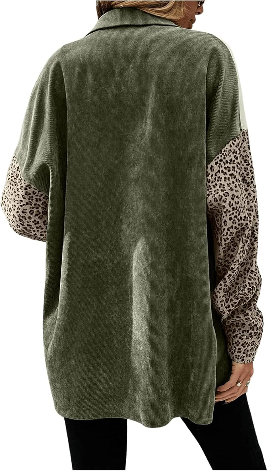 SHENHE Women's Corduroy Leopard Button Down Long Sleeve Shacket Jacket Outwear Coats