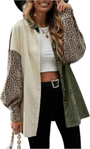 SHENHE Women's Corduroy Leopard Button Down Long Sleeve Shacket Jacket Outwear Coats