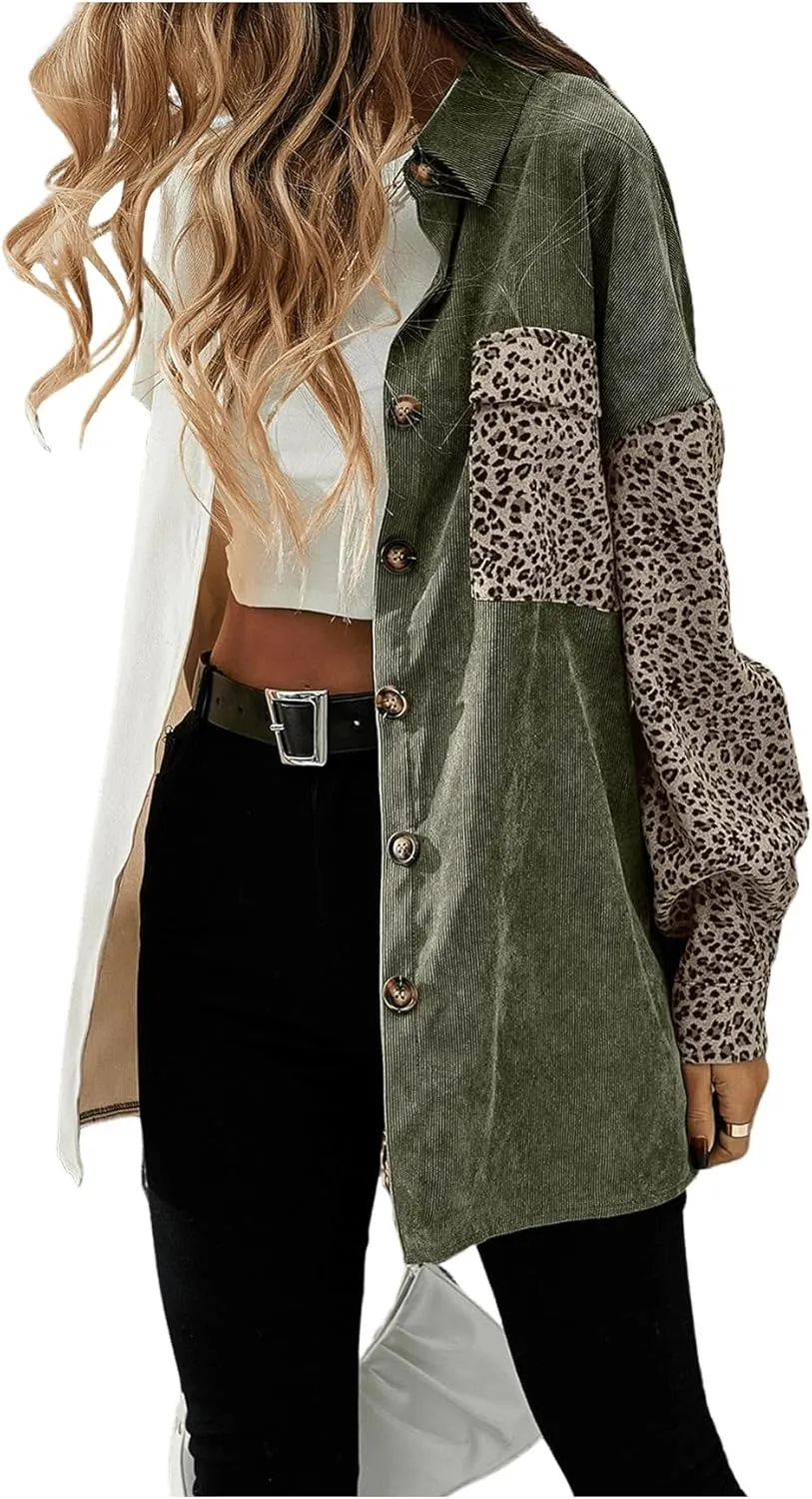 SHENHE Women's Corduroy Leopard Button Down Long Sleeve Shacket Jacket Outwear Coats