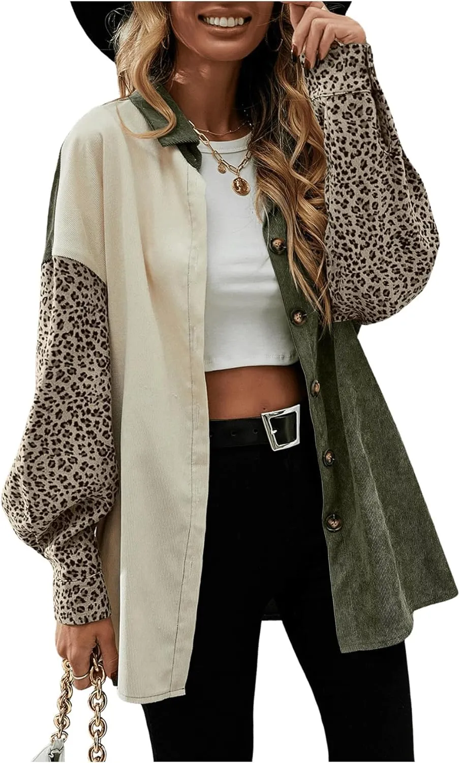 SHENHE Women's Corduroy Leopard Button Down Long Sleeve Shacket Jacket Outwear Coats
