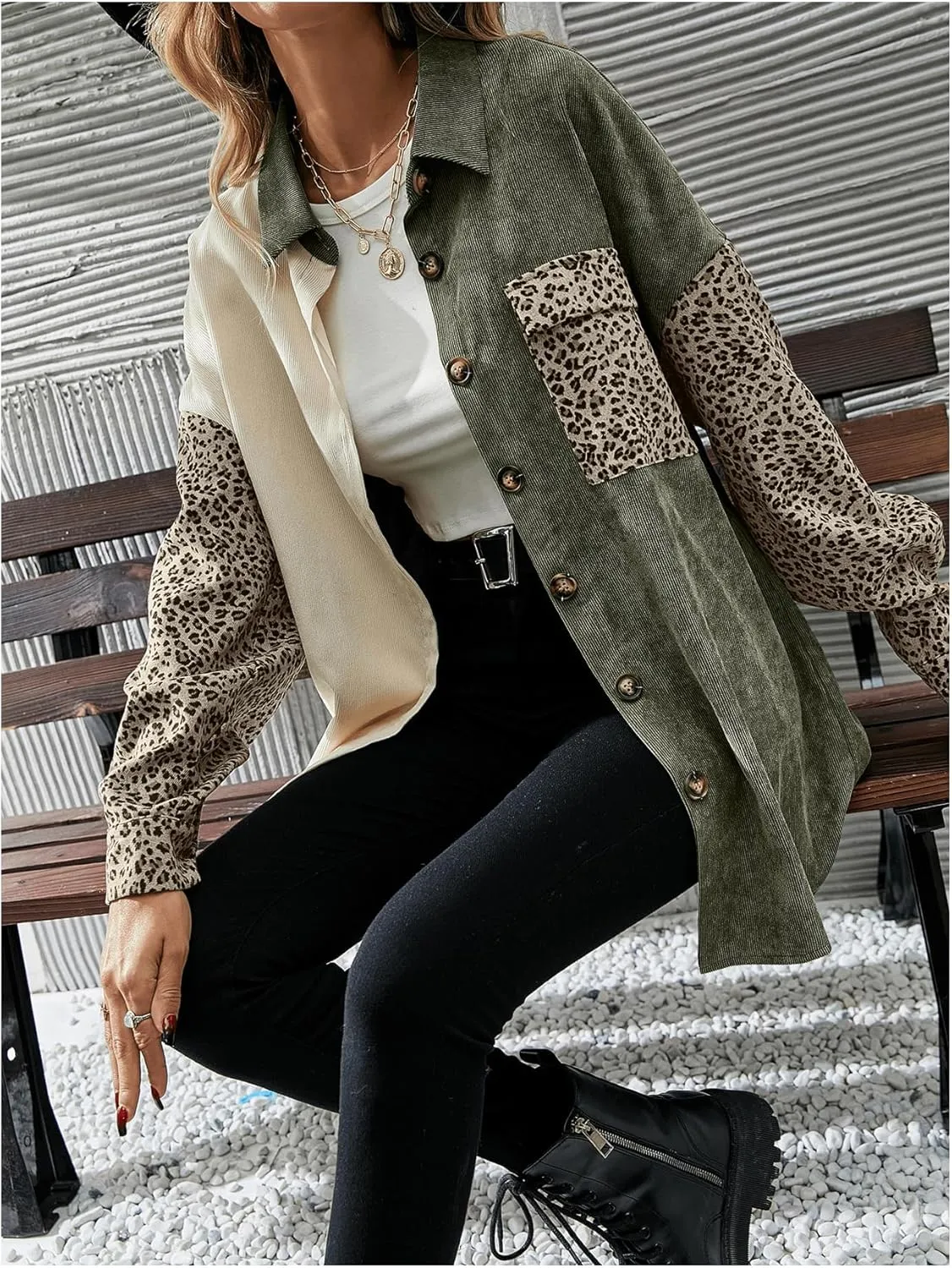 SHENHE Women's Corduroy Leopard Button Down Long Sleeve Shacket Jacket Outwear Coats