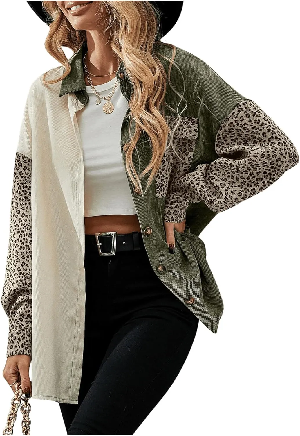 SHENHE Women's Corduroy Leopard Button Down Long Sleeve Shacket Jacket Outwear Coats