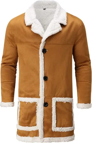 Sherpa Lined Jacket Men Fleece Coat Fur Collar Long Trench Coats Single Breasted Coat Warm Winter Overcoat