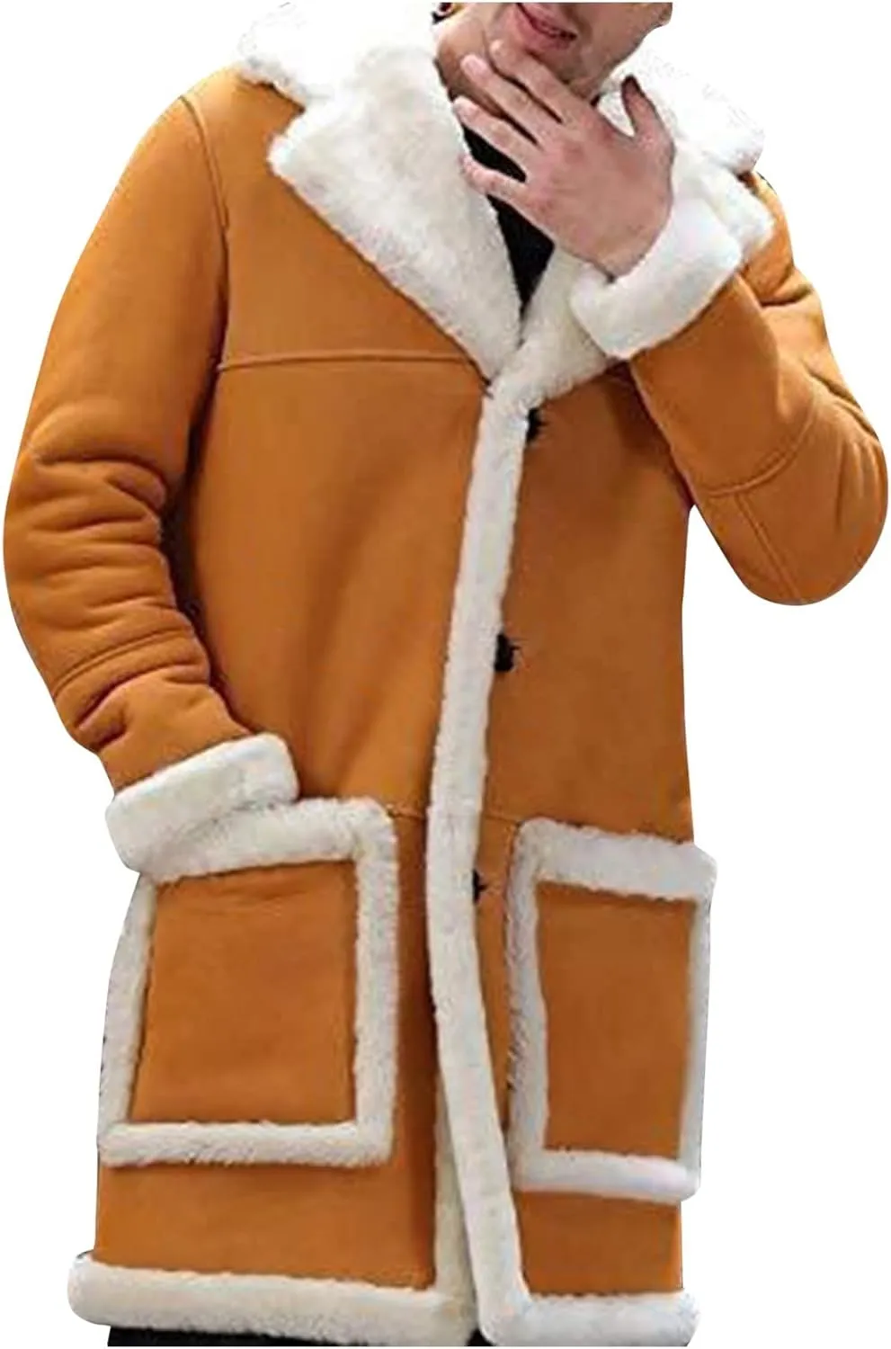 Sherpa Lined Jacket Men Fleece Coat Fur Collar Long Trench Coats Single Breasted Coat Warm Winter Overcoat
