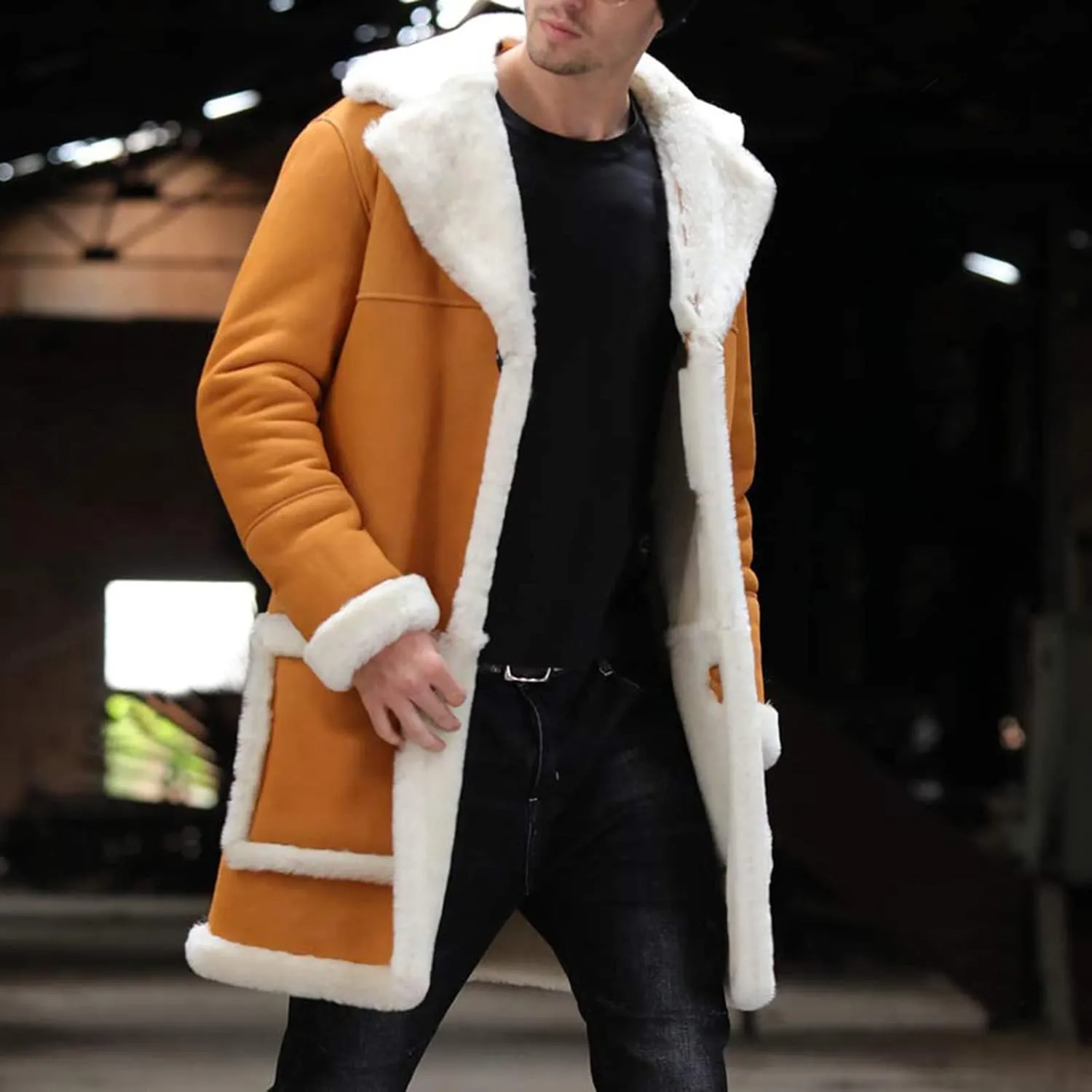Sherpa Lined Jacket Men Fleece Coat Fur Collar Long Trench Coats Single Breasted Coat Warm Winter Overcoat