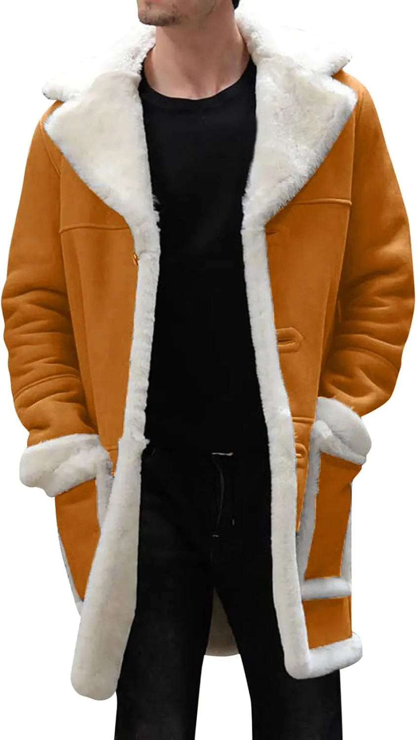 Sherpa Lined Jacket Men Fleece Coat Fur Collar Long Trench Coats Single Breasted Coat Warm Winter Overcoat