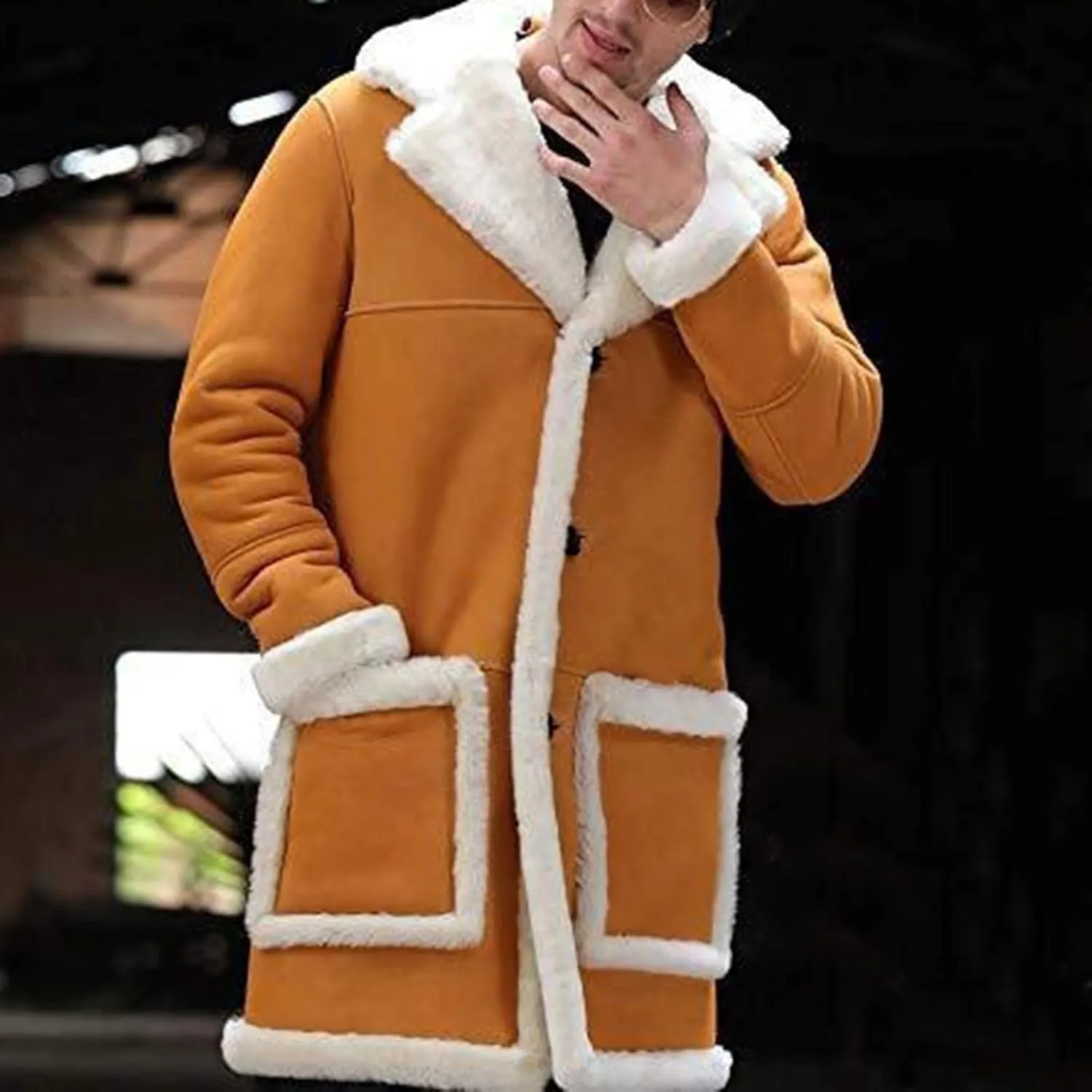 Sherpa Lined Jacket Men Fleece Coat Fur Collar Long Trench Coats Single Breasted Coat Warm Winter Overcoat