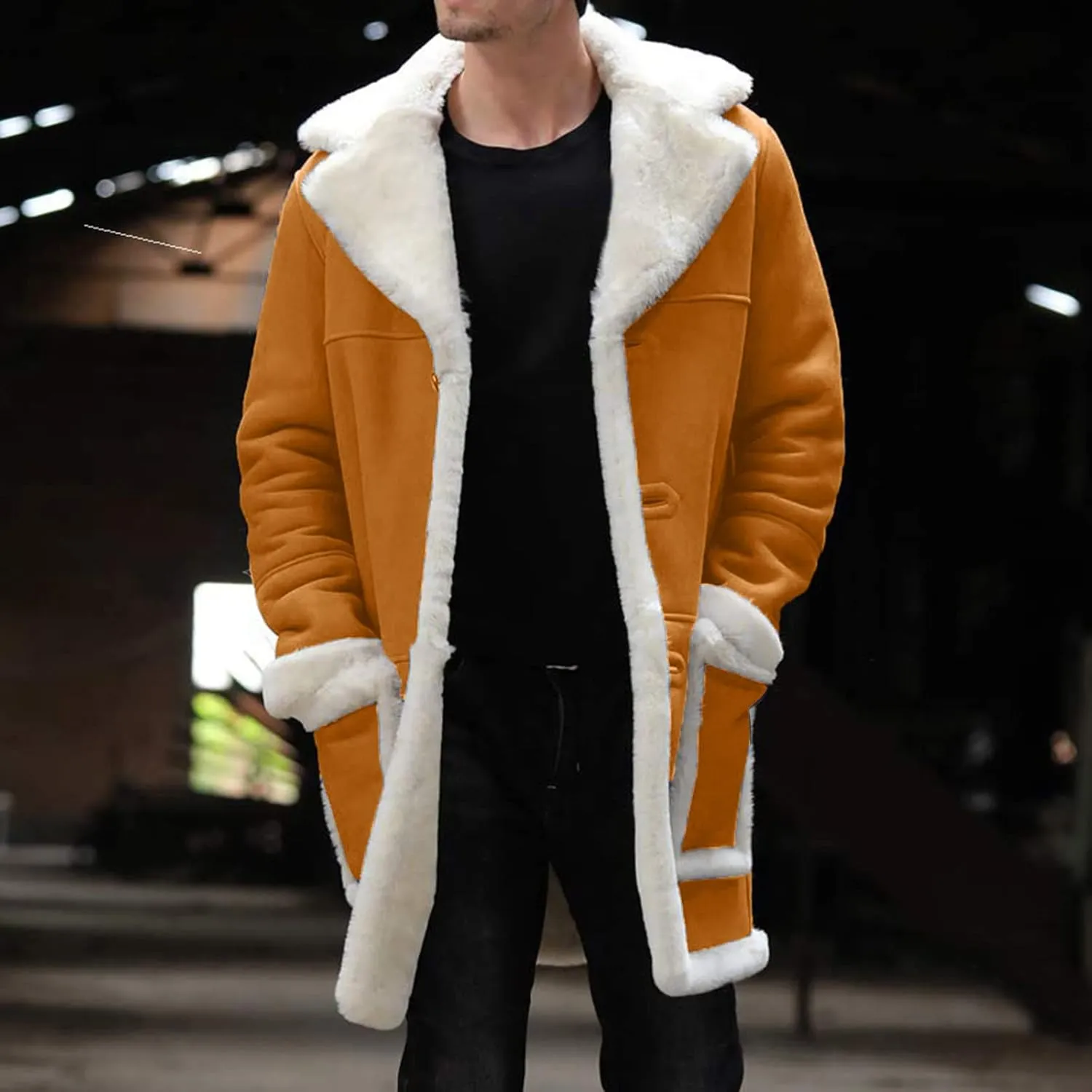 Sherpa Lined Jacket Men Fleece Coat Fur Collar Long Trench Coats Single Breasted Coat Warm Winter Overcoat