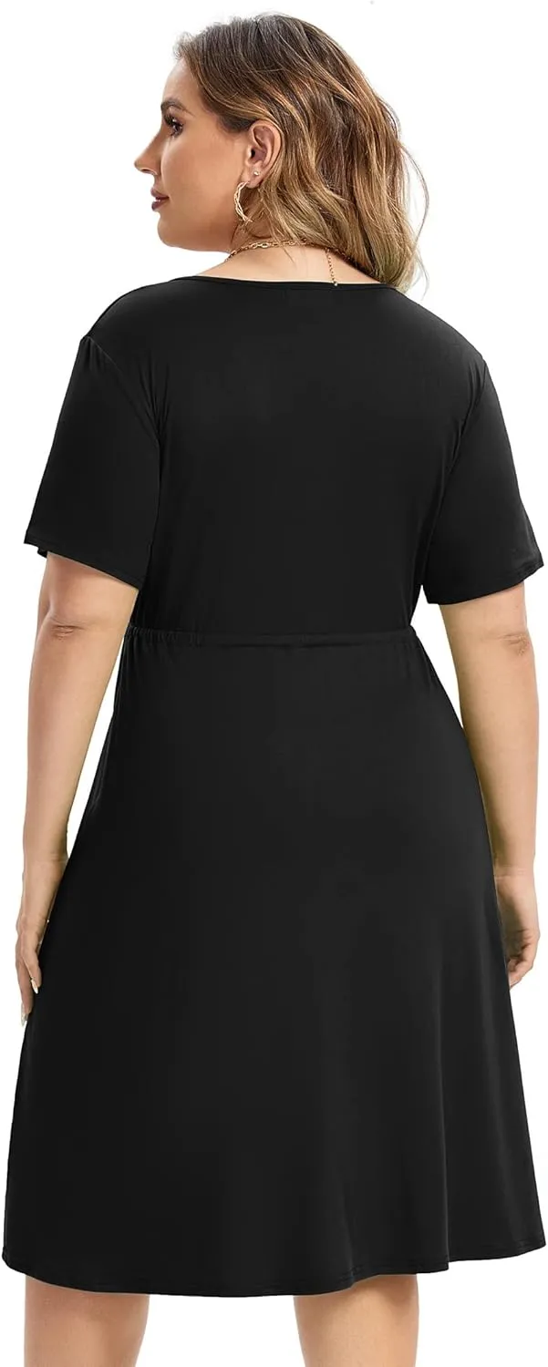 ShopWonder Plus Size Dress Women's V Neck A-Line Knee Length Wrap Swing Dresses Plus Size A Line Party Mini Dress