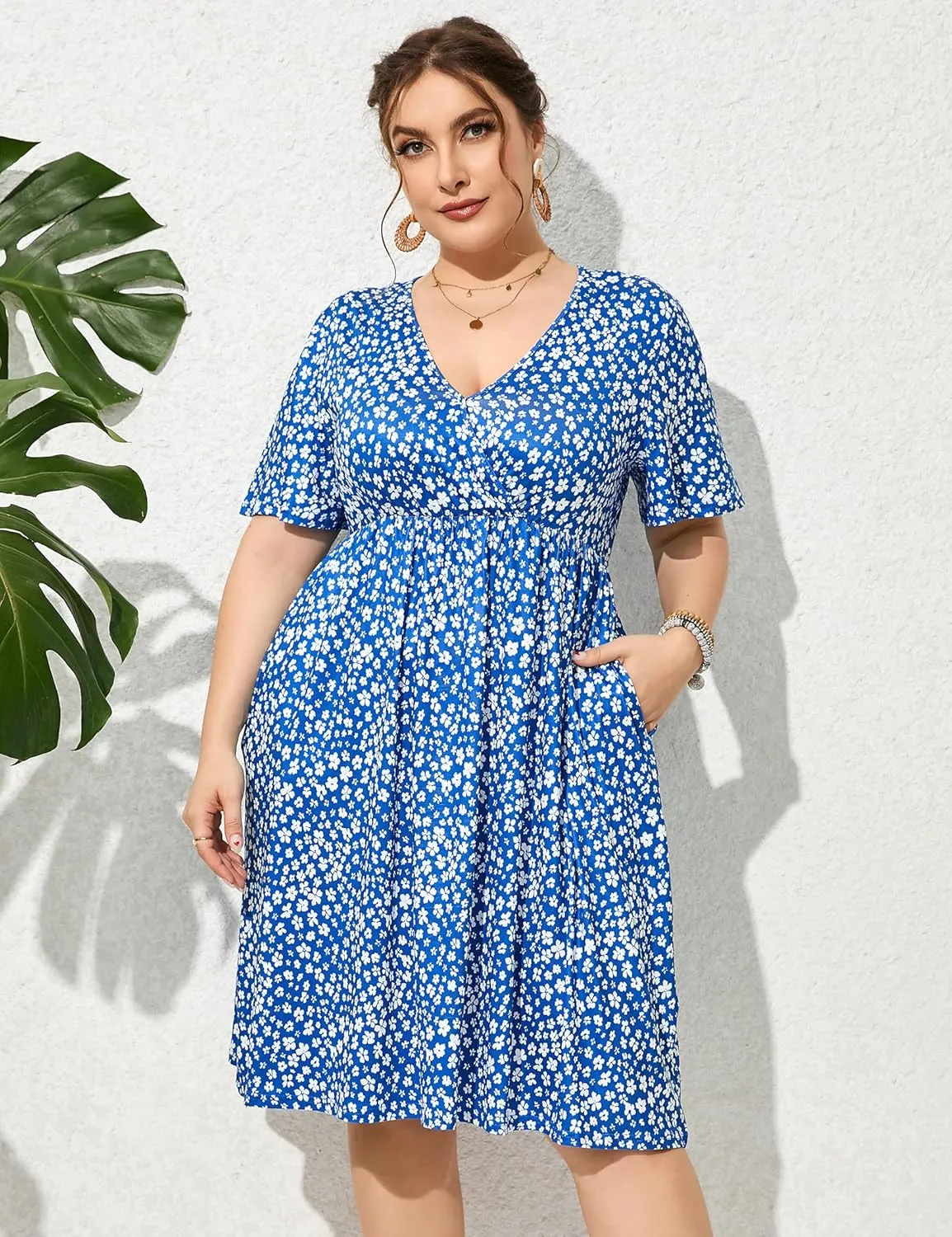 ShopWonder Plus Size Dress Women's V Neck A-Line Knee Length Wrap Swing Dresses Plus Size A Line Party Mini Dress