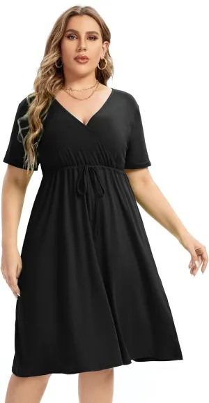 ShopWonder Plus Size Dress Women's V Neck A-Line Knee Length Wrap Swing Dresses Plus Size A Line Party Mini Dress