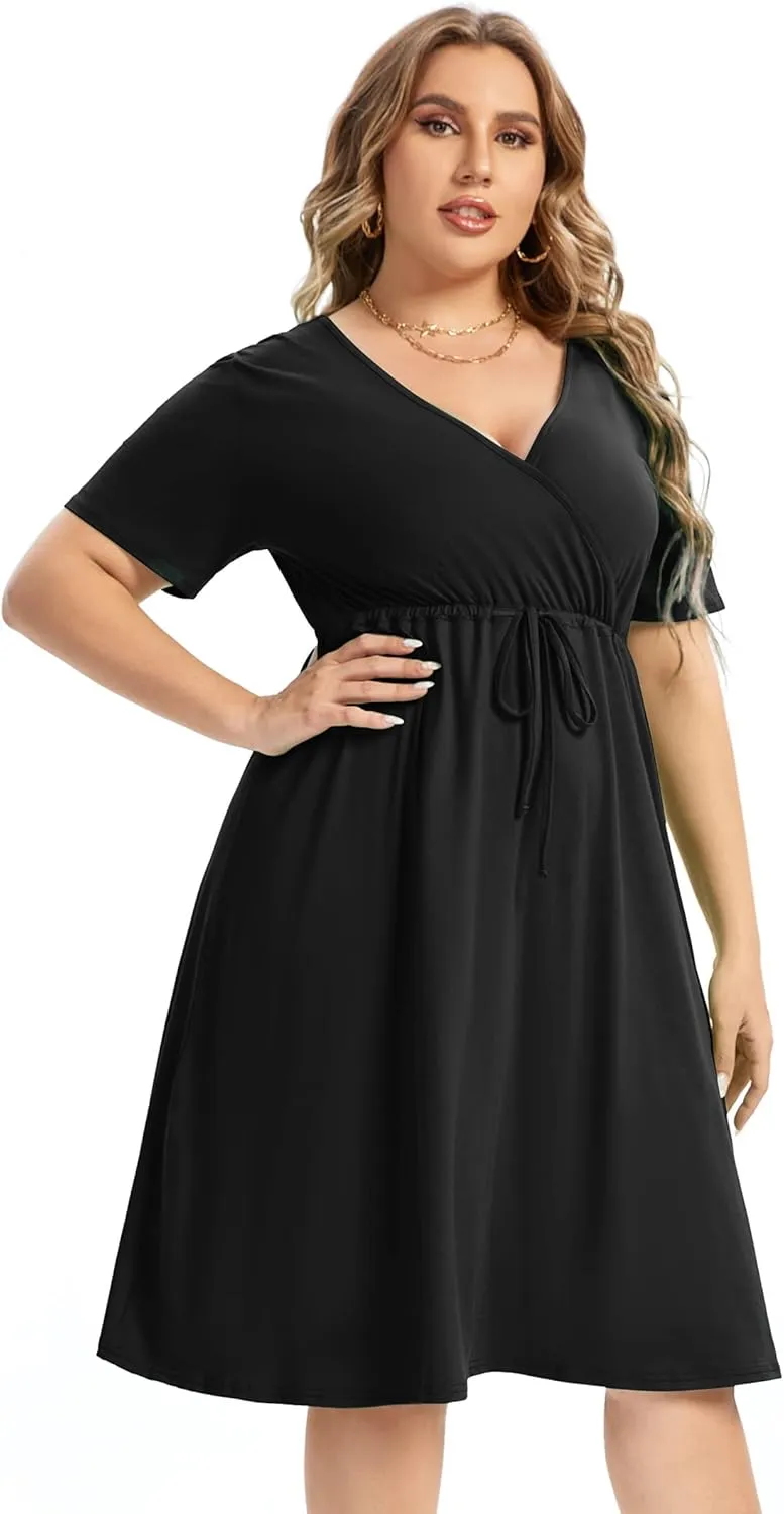 ShopWonder Plus Size Dress Women's V Neck A-Line Knee Length Wrap Swing Dresses Plus Size A Line Party Mini Dress