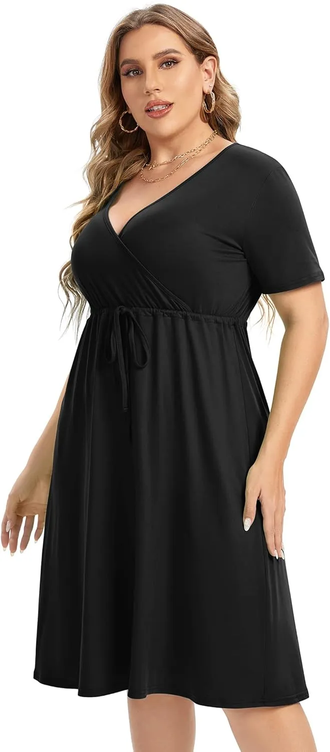 ShopWonder Plus Size Dress Women's V Neck A-Line Knee Length Wrap Swing Dresses Plus Size A Line Party Mini Dress