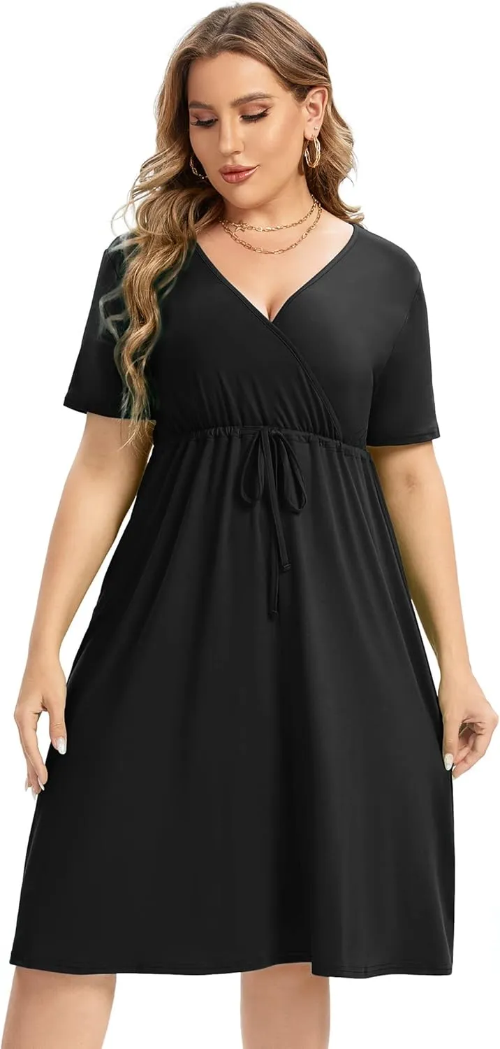 ShopWonder Plus Size Dress Women's V Neck A-Line Knee Length Wrap Swing Dresses Plus Size A Line Party Mini Dress