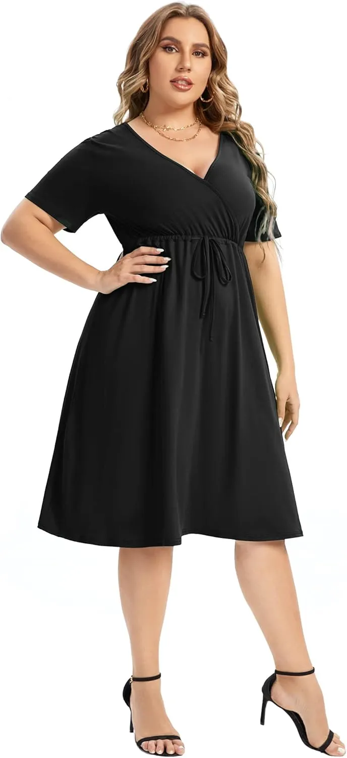 ShopWonder Plus Size Dress Women's V Neck A-Line Knee Length Wrap Swing Dresses Plus Size A Line Party Mini Dress