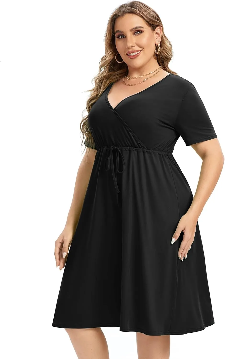 ShopWonder Plus Size Dress Women's V Neck A-Line Knee Length Wrap Swing Dresses Plus Size A Line Party Mini Dress