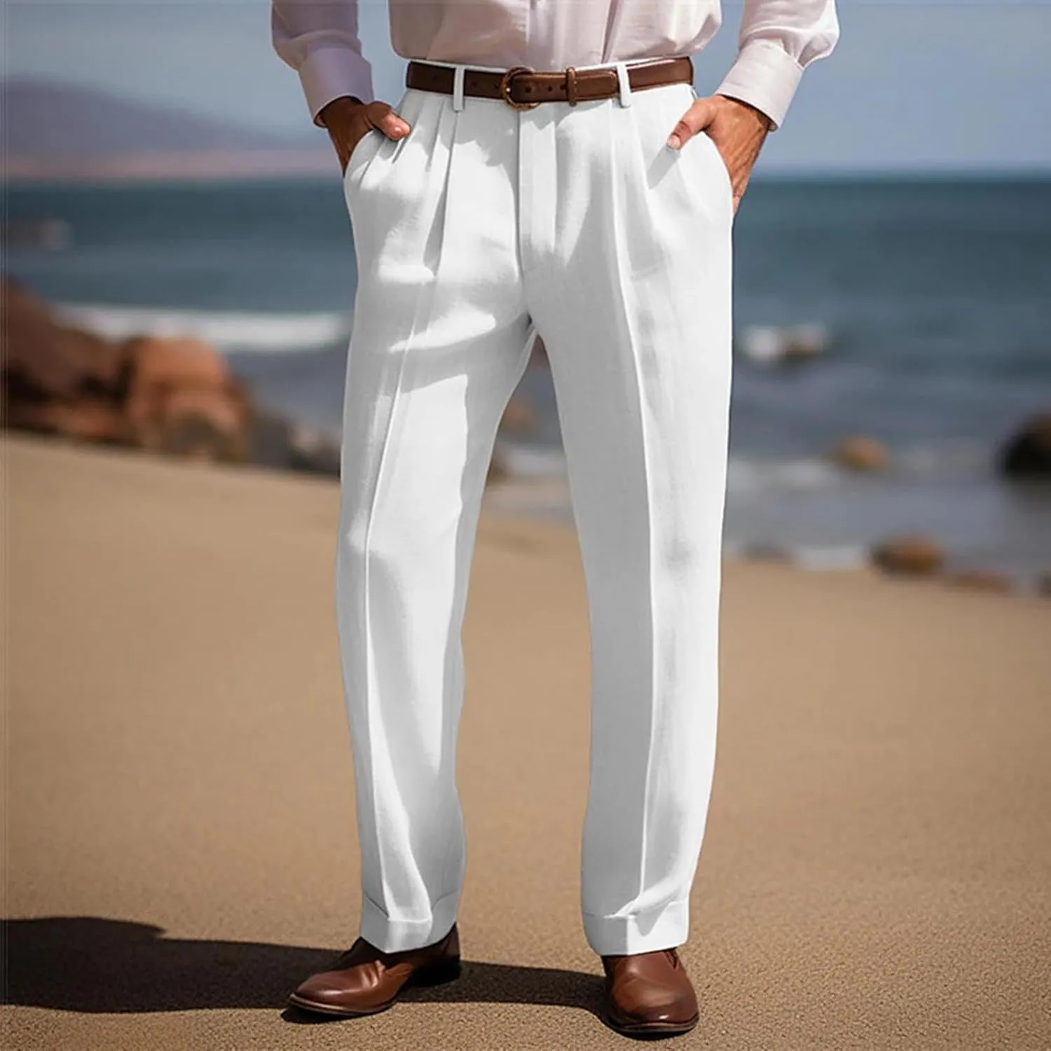 Sinzelimin Men's Suit Pants Fashion Solid Color Dressy Business Casual Office Work Trouser Straight Wide Leg Sweatpant