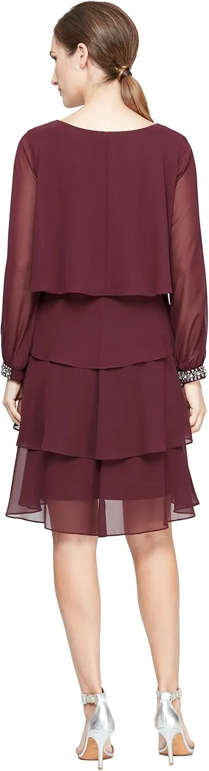S.L. Fashions Women's Long-Sleeve Chiffon Cocktail Dress (Petite and Regular)